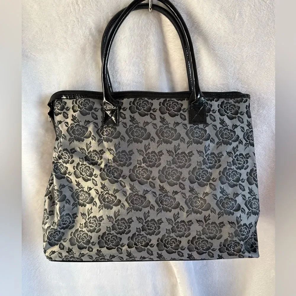 Floral Black and Gray Tote Bag with Detachable Pouch